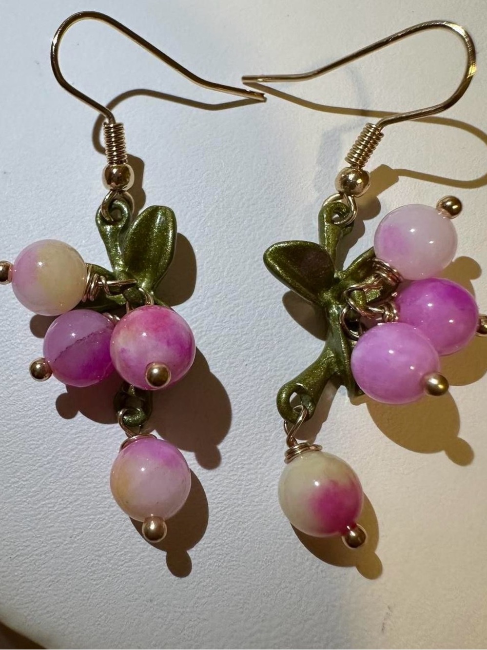 Real natural Elbaite crystal Pink and yellow bead cranberry green leaf earrings